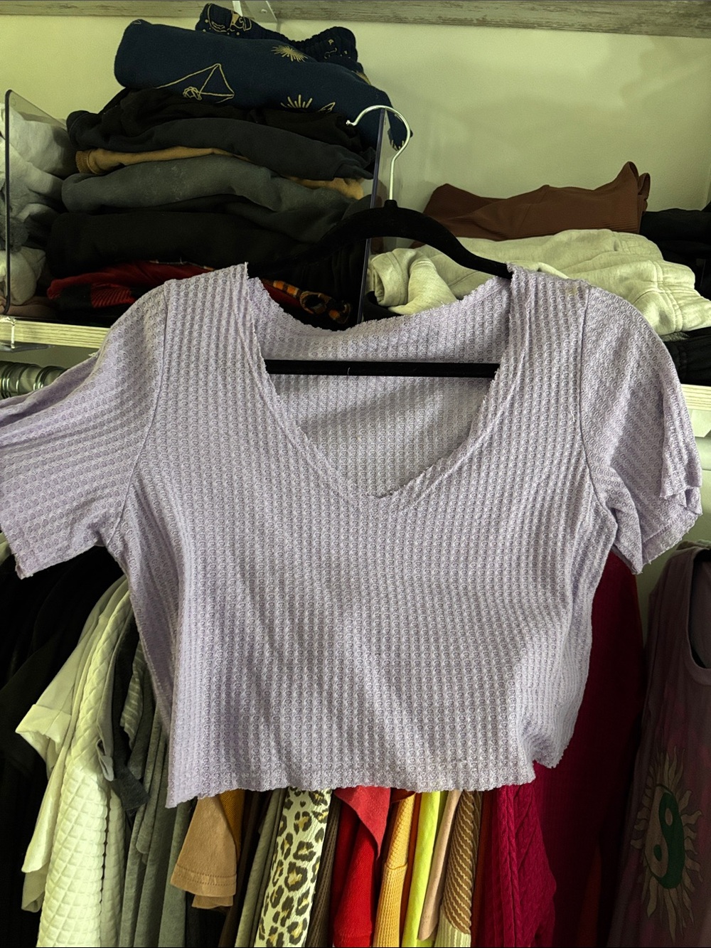 SHEIN Lavender V-Neck Waffle Knit Crop Top